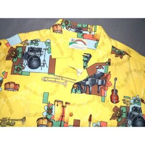 Paradise Found VTG Rayon Yellow Jazz Band New Orleans Hawaiian Shirt Men's Large